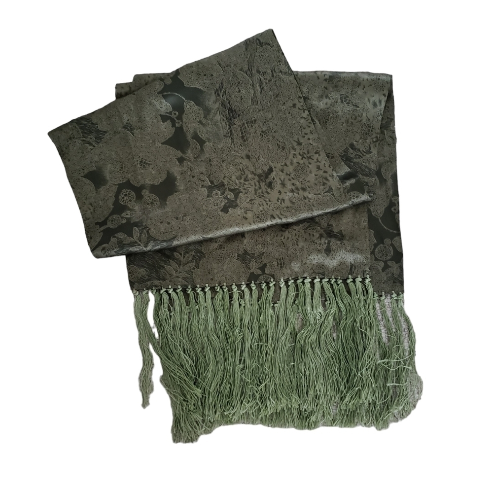 Olive Green Fringed Opera Scarf With Floral Lace Print